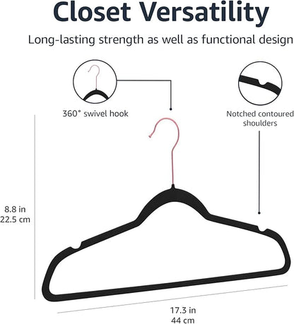 Amazon Basics Slim Velvet Non-Slip Space Saving Suit Clothes Hangers for Closet Organization, Black/Rose Gold, 50-Pack