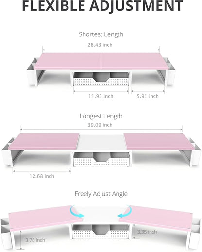 OPNICE Desk Organizers and Accessories, Dual Monitor Stand Riser with Drawer and 2 Pen Holders, Desk Shelf Wood Computer Racks for Office Workspace Organizers, Desktop Organization (Pink-White Wood)
