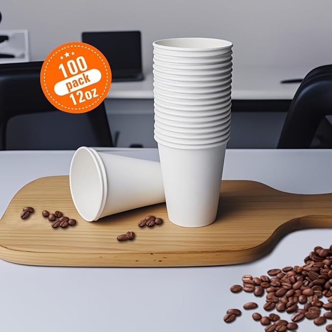 Paper Coffee Cups 12 OZ Disposable Hot and Cold Cups, Leak-Proof White Cups for Coffee, Tea, Ideal for Home, Office, and Events (100 Count)