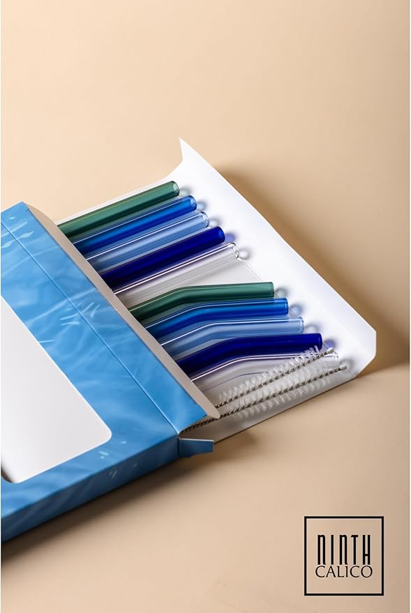 10 Pcs Reusable Glass Drinking Straws, Colorful and Durable Glass Straws for Beverages, Smoothies, Iced Coffee, Juice, Set of 10-5 Straight, 5 Bent, 2 Cleaning Brushes (Ocean Eyes Set)
