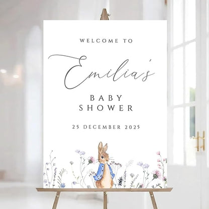 Personalized Bunny Rabbit Baby Shower Welcome Sign for Girl, Pink Peter Rabbit Theme, Greenery Bunny baby shower sign, Gift for Boys & Girls, Gender Reveal Decor, Birthday Party Favors (Style 19)