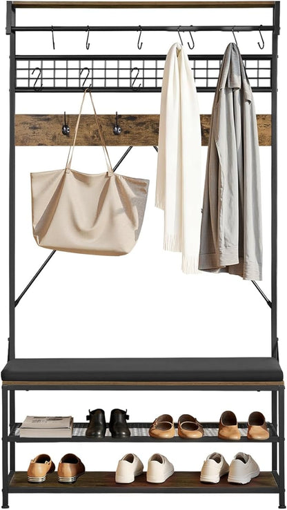 VEVOR Hall Tree with Bench and Shoe Storage, 2 Tier Entryway Bench with Coat Rack, Shoe Rack Storage Organizer with Soft Cushion, Hooks and Hanging Rod for Entryway, Hallway