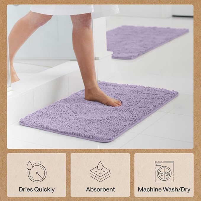 GORILLA GRIP Bath Rug Mat 60x24 Thick Soft Absorbent Chenille, Quick Dry Microfiber Mats, Rubber Backing Washable Shower Floor Rugs, Bathmat Runner Bathroom Home Decor Accessories Light Purple