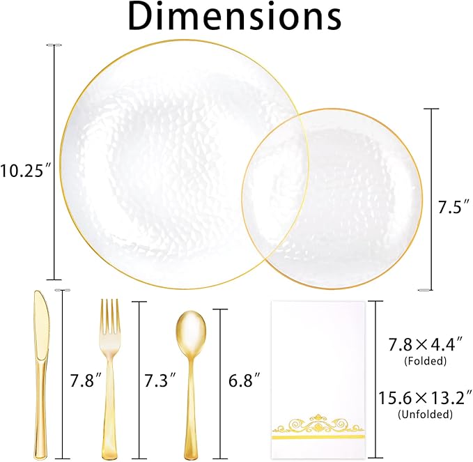 150 Pcs Plastic Dinnerware Set Disposable for 25 Guests - Clear Plates with Gold Trim, Fancy Plastic Plates for Party Wedding Birthday Christmas