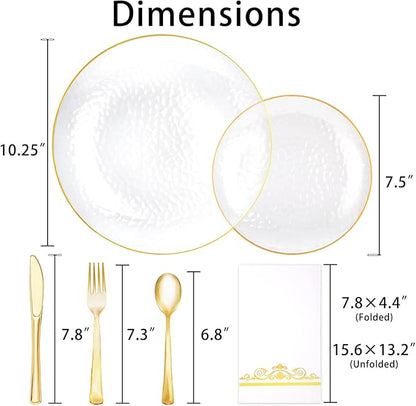 150 Pcs Plastic Dinnerware Set Disposable for 25 Guests - Clear Plates with Gold Trim, Fancy Plastic Plates for Party Wedding Birthday Christmas