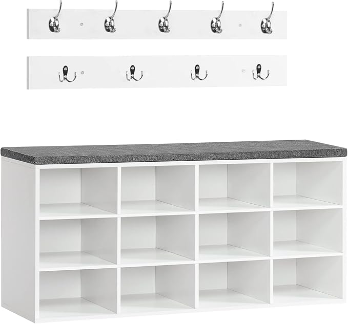 HOOBRO Shoe Storage Bench with Cushion, 39.4" L Entryway Bench with 12 Cubbies, Entryway Hall Tree with Storage, Cubby Shoe Rack Bench with Coat Rack for Hallway, Holds up to 330 lb, White WT112HX01