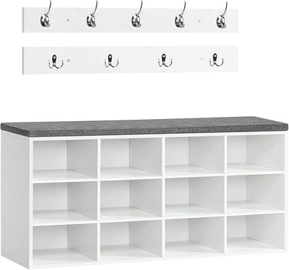 HOOBRO Shoe Storage Bench with Cushion, 39.4" L Entryway Bench with 12 Cubbies, Entryway Hall Tree with Storage, Cubby Shoe Rack Bench with Coat Rack for Hallway, Holds up to 330 lb, White WT112HX01