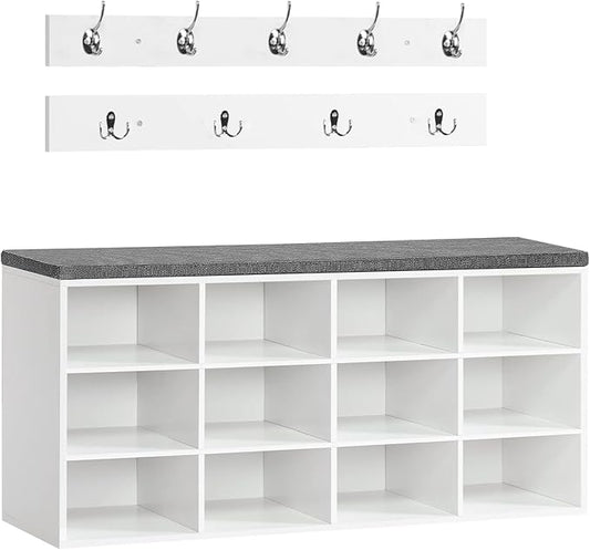 HOOBRO Shoe Storage Bench with Cushion, 39.4" L Entryway Bench with 12 Cubbies, Entryway Hall Tree with Storage, Cubby Shoe Rack Bench with Coat Rack for Hallway, Holds up to 330 lb, White WT112HX01
