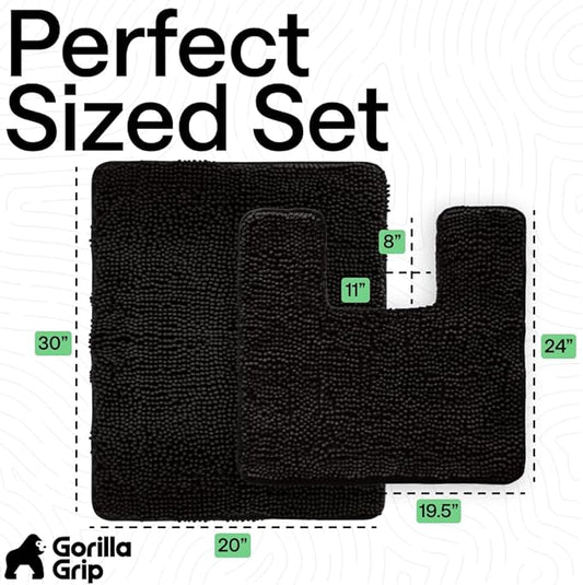 GORILLA GRIP Bathroom Rug Sets, Soft Chenille 2 Piece Area Rugs Set, Toilet Base Mat and 30x20 Carpet, Absorbent Microfiber Washable Mats Dry Quickly, Home Décor and Bath Room Accessories, Black