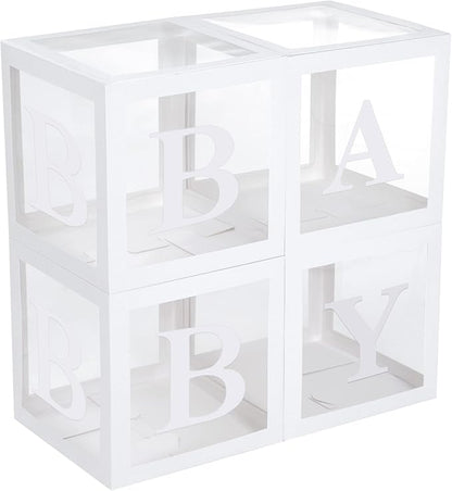 Baby Shower Boxes with Letters – White Boxes with Pastel Pink, Blue, Yellow, and Green Balloons – 44-Piece Gender Reveal & Party Decoration Set by Vellax