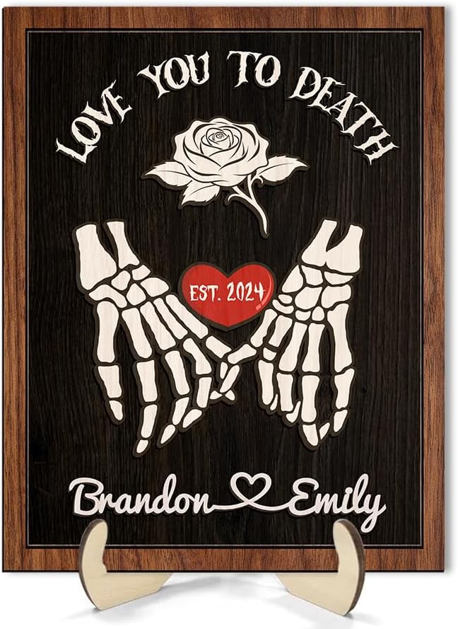 Custom Couple Skeleton Wooden Sign, Ghost Couple Gift, Halloween Skeletons Wedding Frame Sign, Love You To Death Sign, Gothic Decor, Wood Sign Birthday Gift for Boyfriend Girlfriend Engaged a7