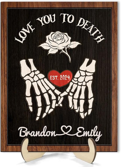 Custom Couple Skeleton Wooden Sign, Ghost Couple Gift, Halloween Skeletons Wedding Frame Sign, Love You To Death Sign, Gothic Decor, Wood Sign Birthday Gift for Boyfriend Girlfriend Engaged a7