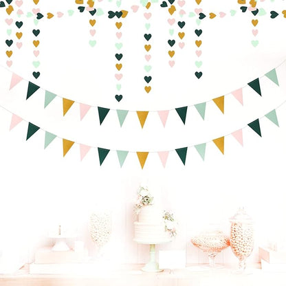 Sage-Green Mint Pink-Gold Love-Heart Garland - 52Ft Rustic Wedding Hanging Decoration Streamers Banner,Valentines Mothers Day Bachelorette Bridal Shower Engagement Party Bunting Lasting Surprise