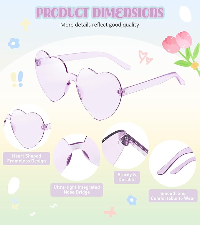 SUNOVELTIES 48 Pcs Heart Shaped Rimless Sunglasses Bulk Light Candy Color Frameless Glasses Colorful Party Eyewear for Women