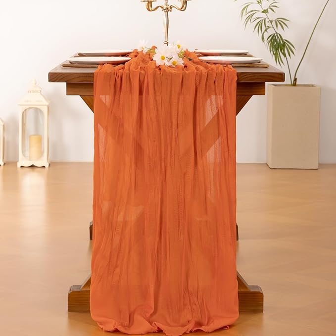 Socomi 3pcs Orange Cheesecloth Table Runner Fall Thanksgiving Boho Rustic Gauze 120 inch 10FT Cheese Cloth Runner for Wedding Party Baby Shower Birthday Home Decor Holiday Decorations