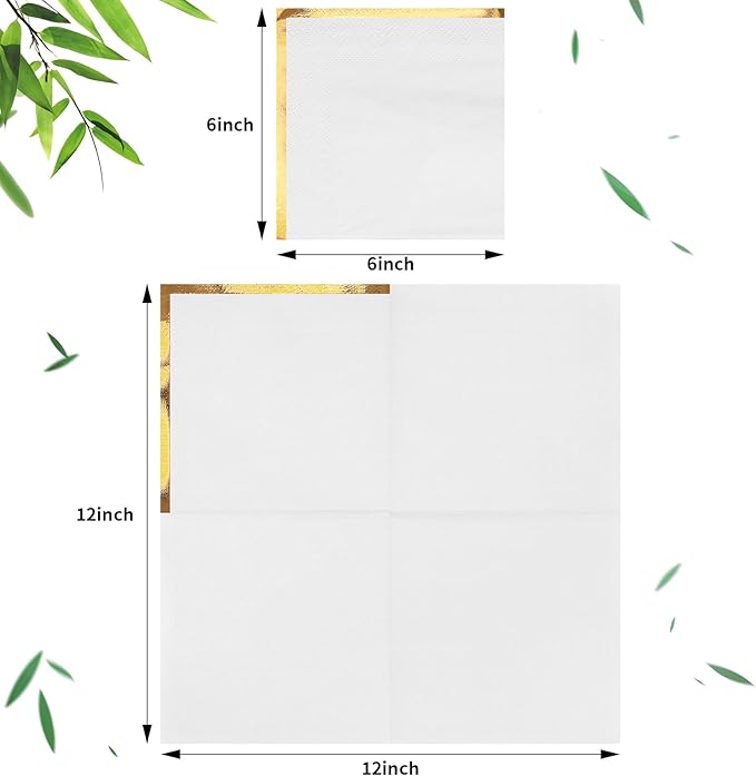 Fulmoon 200 Pcs Paper Napkins with Gold Foil Edge 2 Ply Cocktail Napkins Soft Disposable Golden Trim Lined Dinner Napkins Decorative Cocktail Napkin Paper for Wedding Birthday Anniversary (White)