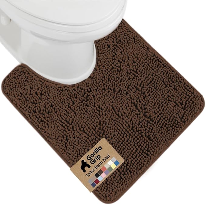 GORILLA GRIP Plush Absorbent Shaggy Chenille Bath Rug Mat for Oval Toilet Base with Rubber Backing, Machine Washable Rugs, Soft Microfiber Contour Mats for Toilets, Bathroom Decor, Brown
