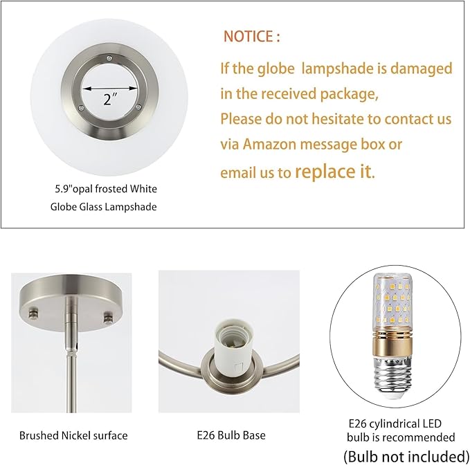 Modern Globe Pendant Light Brushed Nickel Chandelier 1-Light Mid Century Ceiling Hanging Lighting Fixture White Globe Glass Shades for Kitchen Island Dining Room Bedroom
