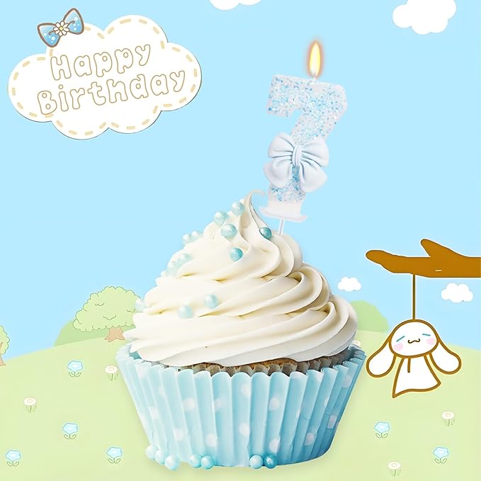 Birthday Candle for Cake, Blue Bow Number Candles, 2.76 inch Number, Cake Topper Decoration for Birthday Party (Number 7)