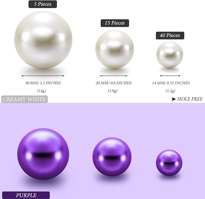 Hicarer 120 Pieces Pearl for Vase Filler Pearl Bead Vase Centerpieces Brush Holder Assorted Round Faux Bead for Crafting, Home Wedding Table Decor 14/20/30 mm(Creamy White, Purple)