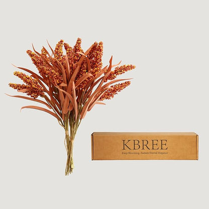 KBREE 16" Artificial Fall Grain Bundles for Thanksgiving Decoration, 4 Packs Rustic Harvest Sheaves with Aged Leaves, Faux Grain Bouquets for Thanksgiving Table Centerpiece, Farmhouse Decor (Russet)