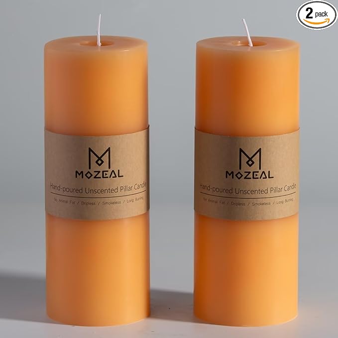 MOZEAL 3" x 8" Hand-Poured Unscented Large Candle, Smokeless Rustic Pillar Candle Set of 2, Slow Burn, No Drip, Approx 150 Hours Burning, Summer Breeze and Home Decorative, Tall Peach Fuzz Candle