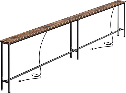 SUPERJARE 106.3 Inch Sofa Table with 2 Power Outlets and USB-C Ports, 5.9 Inch Narrow Console Table, Long Entryway Hallway Couch Table Behind Sofa, Small Spaces, Living Room, Rustic Brown