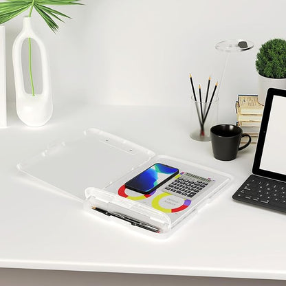 Piasoenc Clipboard with Storage, 8.5 x 11 Organization Box with Pen Holder and A4 Legal Paper Folder, Folio & Side-Opening, Low Profile Clip,for Nurses,Teachers, Size 14 x 9.6 x 1.2 in, White