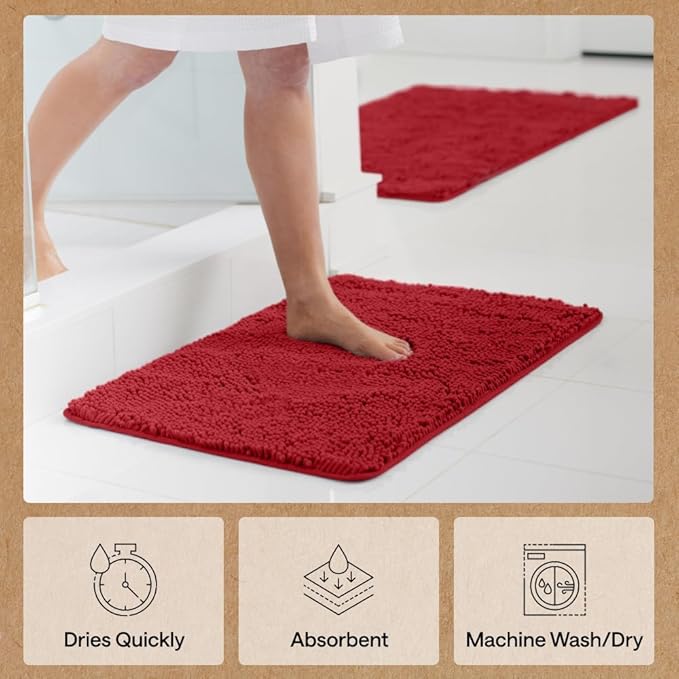 GORILLA GRIP Bath Rug Mat 30x20, Thick Soft Absorbent Chenille, Quick Dry Microfiber Mats, Rubber Backing Washable Shower Floor Rugs, US Designed Bathroom Bathmat Home Decor Accessories, Red