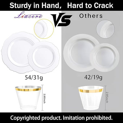 Liacere 350PCS Silver Plastic Plates-Disposable White and Silver Plates 50guest Baroque Plastic Dinnerware Set include 100Plates, 50Pack Pre Rolled Napkins with Silverware 50Cups Perfect for Christmas