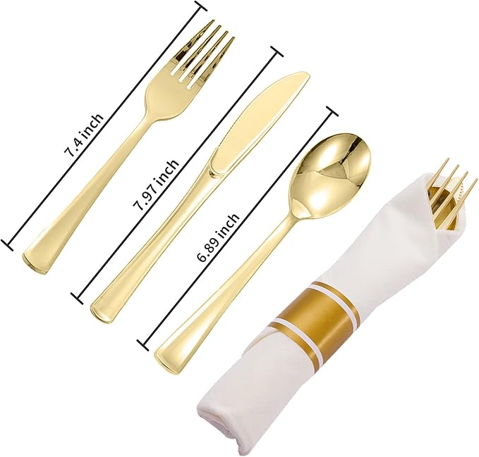 N9R 75 Pack Pre Rolled Gold Plastic Cutlery Set, Wrapped Plastic Silverware Set with 75 Forks, 75 Knives, 75 Spoons and 75 Napkins, Disposable Cutlery Set for Party and Wedding