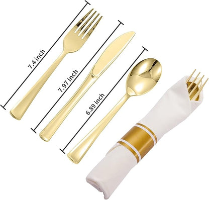N9R 75 Pack Pre Rolled Gold Plastic Cutlery Set, Wrapped Plastic Silverware Set with 75 Forks, 75 Knives, 75 Spoons and 75 Napkins, Disposable Cutlery Set for Party and Wedding
