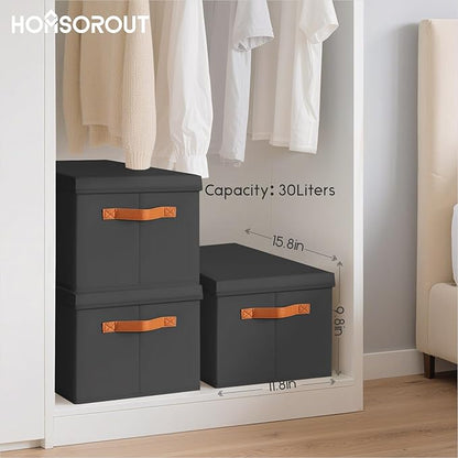 Storage Bins with Lids - Large Fabric Closet Bins with Lid, 6 Pack Clothes Organizers and Storage, Collapsible Stackable Cube Basket for Home, Office, Dorm, Black