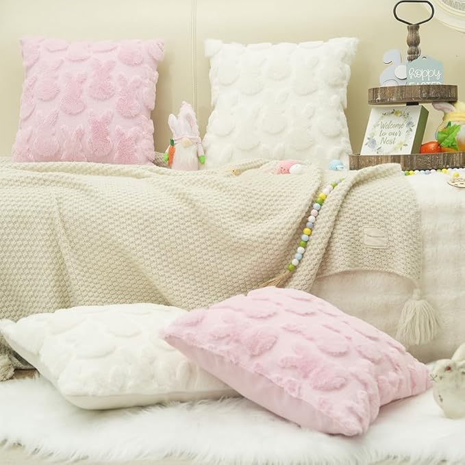 GEEORY Easter Bunny Soft Plush Pillow Covers, 20 x 20 Inch Set of 2, Fluffy Faux Fur Wool Decorative Farmhouse Cushion Case for Sofa Home Decoration Pink GC015-20