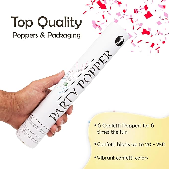 Clover Products 12" Biodegradable Confetti Poppers | 6 Pack | Red & Pink Poppers for Weddings, Birthdays & Events | Air-Powered, Safe & Easy to Use | Shoots 25 Feet for Indoor & Outdoor Celebrations