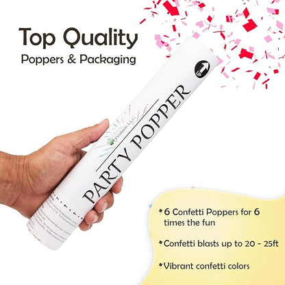 Clover Products 12" Biodegradable Confetti Poppers | 6 Pack | Red & Pink Poppers for Weddings, Birthdays & Events | Air-Powered, Safe & Easy to Use | Shoots 25 Feet for Indoor & Outdoor Celebrations