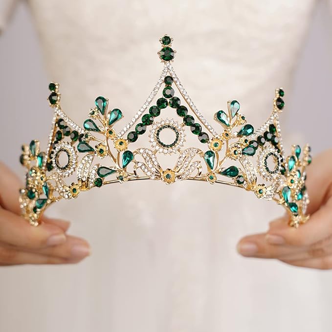 Wekicici Baroque Queen Crown Green Crystal Tiara Rhinestone Princess Wedding Headband for Women Birthday Pageant Party(Green)