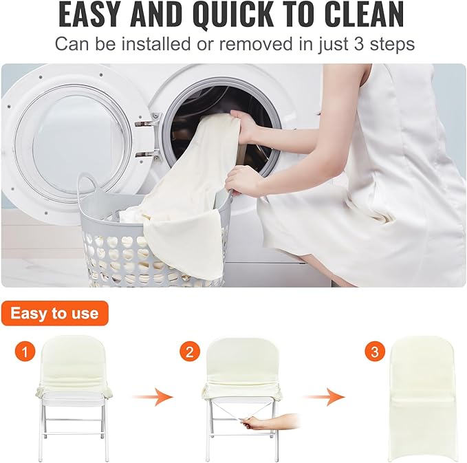 VEVOR Stretch Spandex Folding Chair Covers, Universal Fitted Chair Cover, Removable Washable Protective Slipcovers, for Wedding, Holiday, Banquet, Party, Celebration, Dining (50PCS Ivory White)