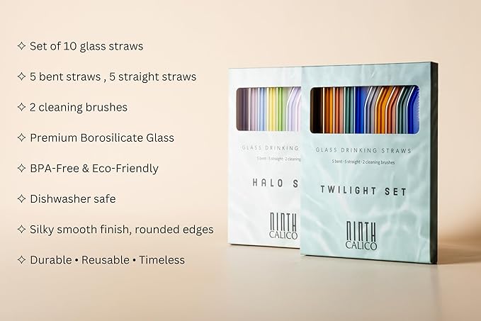 10 Pcs Reusable Glass Drinking Straws, Colorful and Durable Glass Straws for Beverages, Smoothies, Iced Coffee, Matcha, Juice, Set of 10-5 Straight, 5 Bent, 2 Cleaning Brushes - (Halo Set)