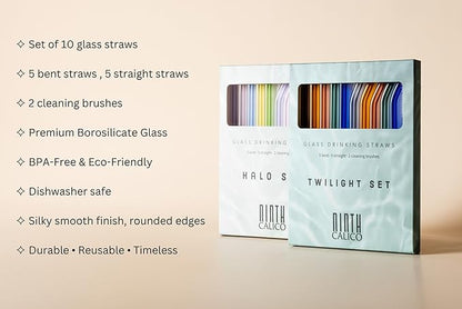 10 Pcs Reusable Glass Drinking Straws, Colorful and Durable Glass Straws for Beverages, Smoothies, Iced Coffee, Juice, Set of 10-5 Straight, 5 Bent, 2 Cleaning Brushes (Ocean Eyes Set)