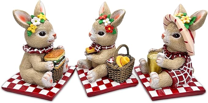 OrnamentallyYou Sweet Easter Decoration for Indoor & Outdoor (Joyful Picnic Gathering Bunny Trio Set of Three Figurines, Spring Rabbit Statue 4.5" Decor)