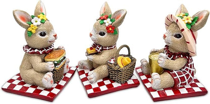 OrnamentallyYou Sweet Easter Decoration for Indoor & Outdoor (Joyful Picnic Gathering Bunny Trio Set of Three Figurines, Spring Rabbit Statue 4.5" Decor)