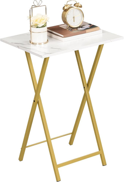 HOOBRO Folding TV Tray Tables, Set of 2 Side Table for Small Space, Industrial Snack Tables for Eating at Couch, Stable Metal Frame, Easy Assembly, Space Saving, Marble and Gold DM25BZ01