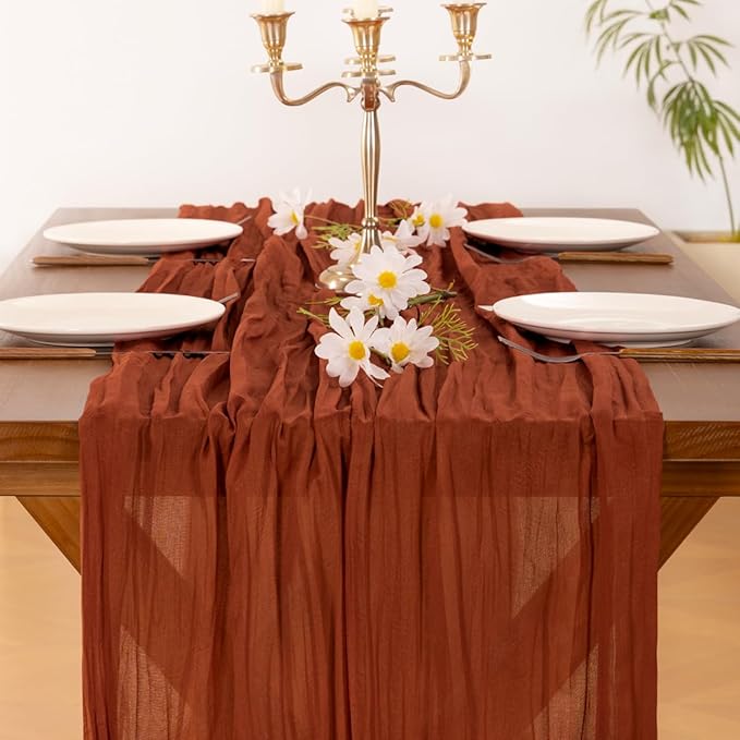 Socomi 6pcs Terracotta Fall Thanksgiving Cheesecloth Table Runner Boho Rustic Gauze 120 inch 10FT Cheese Cloth Runner for Wedding Party Baby Shower Birthday Home Decor Holiday Decorations