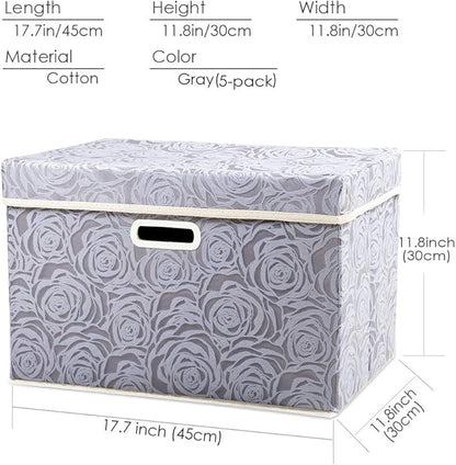 PRANDOM Large Storage Boxes with Lids [5-Pack] Fabric Decorative Storage Bins Cubes Organizer Containers Baskets with Handles for Closet Grey 17.5x11.8x11.8 In For 6+ Year Old Boys and Girls