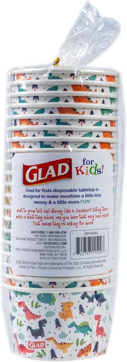 Glad for Kids Dinosaur Paper MINI Snack Bowls, Lids Not Included - Disposable Paper Cups with Dino Design for Kids, Heavy Duty Small Size, 6 Ounces, 20 Count - 10 Pack