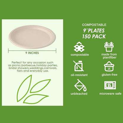 Vplus 150 Pack Paper Plates 9 inch 100% Compostable, Heavy-Duty Disposable Paper Plates Bagasse Natural Biodegradable Eco-Friendly Sugarcane