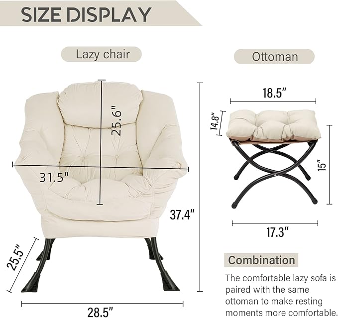 LITA Lazy Chair with Ottoman, Modern Accent Leisure Upholstered Sofa Chair, Contemporary Lounge Reading Chairs with Armrests and a Side Pocket for Living Room, Bedroom & Small Space, Beige