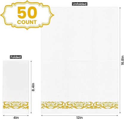 50 Pack Napkins Disposable Guest Towels Linen-Feel Decorative Napkins Soft and Absorbent Dinner Paper Hand Towels for Bathroom Party Powder Room Hotel Fancy Restaurant (50, Gold Floral)