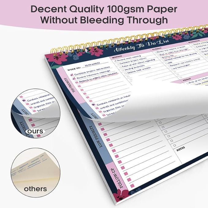 Taja Weekly To Do List Notepad with 52 Undated Sheets（8.5"×11"）- Weekly Desk Planner for Women & Man, Work and Home - 1 Pack Twilight Petals